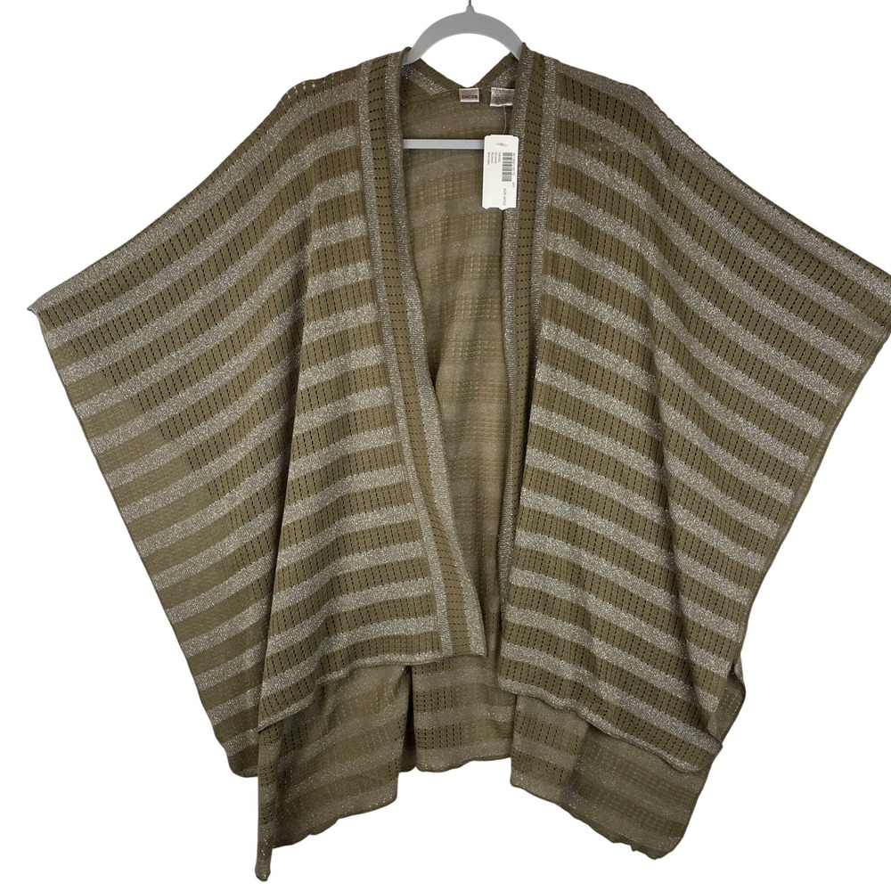 Chicos Haris Ruana Brown‎ Metallic Silver Striped Knit Wrap Poncho One Size NWT